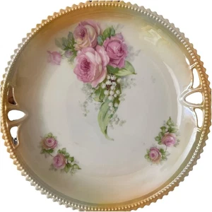 Antique PK Silesia Porcelain Cake Plate 9" Pink Roses Hand Painted Iridescent - Picture 1 of 5