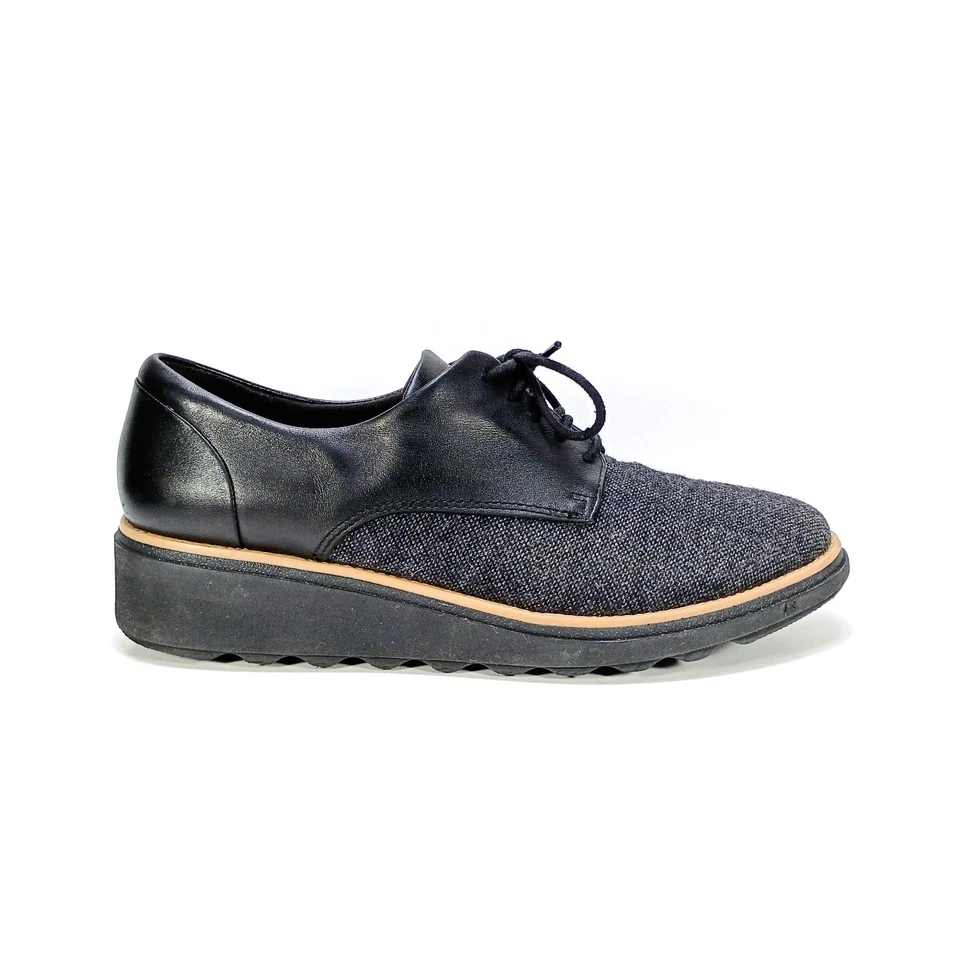 Clarks Sharon Rae Womens 8.5 Gray Tweed And Black Leather Oxford Low Wedge Shoe - Image 1 of 4
