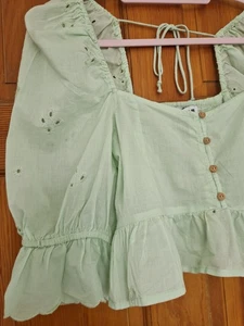 Zara's 100% Embroiderd Green Cropped Top With 3/4 Sleeve - Size U 8-10 - Picture 1 of 20