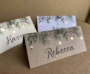 6x personalised NAME place CARDS Christmas greenery table setting wedding decor