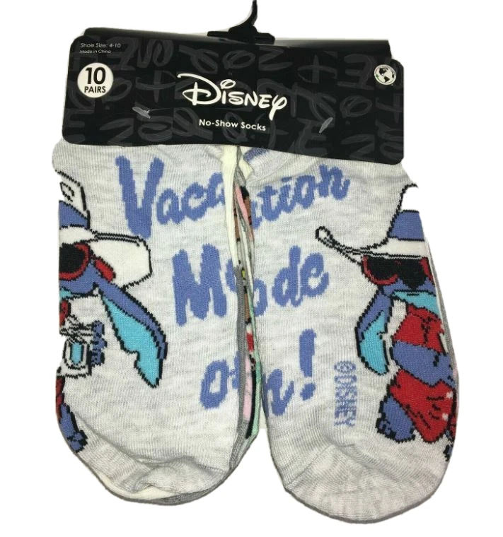 Disney Lilo And Stitch 10 Pairs No-Show Socks Size 4-10 Multi Color Womens