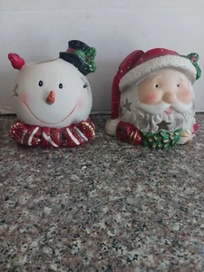 Set Ceramic Santa/Snowman Head Painted Christmas Tea Light/Votive Candle Holder - Picture 1 of 6