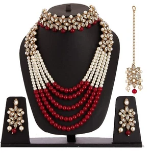 Gold Plated Bridal Long Necklace Set Neck Choker with Earrings & Maang Tikka Red - Picture 1 of 3