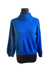 Vintage 80s-90s SPUNKY NY Blue High Neck  Semi Cropped Top Acrylic Knit SWEATER - Picture 1 of 12