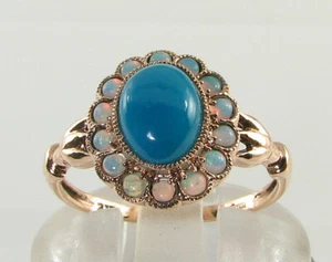 9K 9CT ROSE GOLD PERSIAN TURQUOISE OPAL ART DECO INS CLUSTER RING Size J - Picture 1 of 6