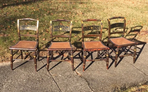Set of 4 Small Fancy Antique Sheraton HITCHCOCK Style Painted Chairs VERY OLD Cover