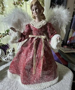 Vintage Tree Topper Angel Feather Wing Christmas Table Decor 17” Sparkled Dress - Picture 1 of 13