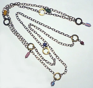 MID CENTURY Hand Wrought ARTISAN Bronze MURANO GLASS BEAD Modernist NECKLACE 33" - Picture 1 of 5