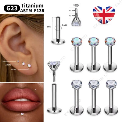 Cartilage Earrings Stud Titanium Flat Back Tragus Nose Helix Labret Piercing G23 - Image 1 of 4