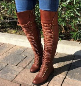 Womens Ladies Thigh High Over The Knee Boots Lace Up Leather Heels Riding Shoes - Picture 1 of 9