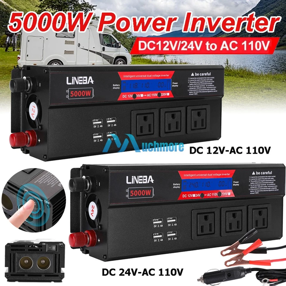 Inversor de potencia de onda sinusoidal 2500W 5000W DC 12V 24V a CA 110V 3AC 4USB pantalla LCD Foto 1 de 4