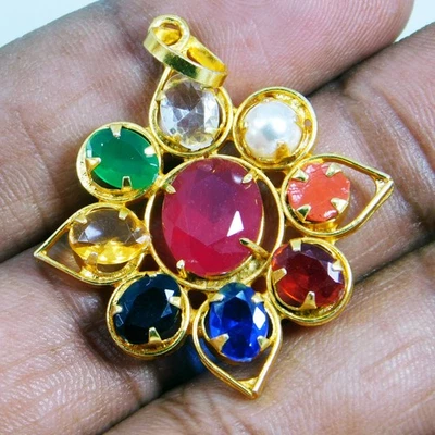 Navratna Gemstone Pendant – 9 Planet Healing Stones Handmade Gold Plated Jewelry - Image 1 of 4
