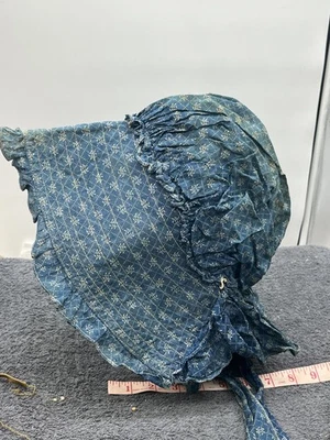 antiguo índigo algodón calicó pradera textil 1800s 19c museo capó sombrero vestido Foto 1 de 4