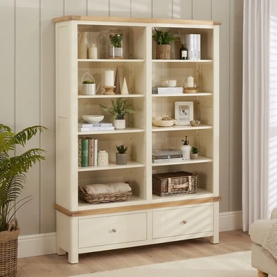 Marbury Cream Painted Extra Large Grand Double Library Bookcase - Oak Top CRM70 - Image 1 of 4