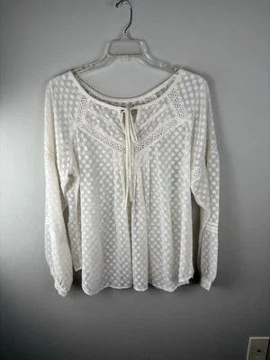 Blusa Sundance Mujer Top Talla XL Marfil Cuello Corbata Crochet Transparente Mangas Largas Punto Foto 1 de 4