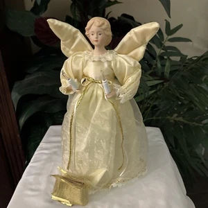 Vintage Gold 12" Lighted Angel Tree Topper IvoryGown Gold Ribbon Porcelain - Picture 1 of 7