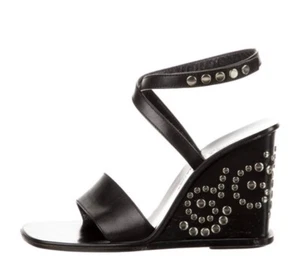 DOLCE & GABANNA BLACK STUDDED WEDGE PLATFORM ANKLE STRAP SANDALS 37 US 6.5 - Picture 1 of 9
