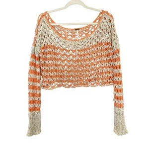 Free People Orange & Beige Open Knit Crochet Long Sleeve Top Beach Boho SMALL - Picture 1 of 6