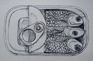 Original black pen & ink line drawing of a tin of sardines pilchards sprats fish - Picture 1 of 12