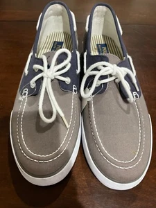 Polo Ralph Lauren Lander Gray Blue Canvas Lace Up Boat Shoes - Men's Size 10D - Picture 1 of 6