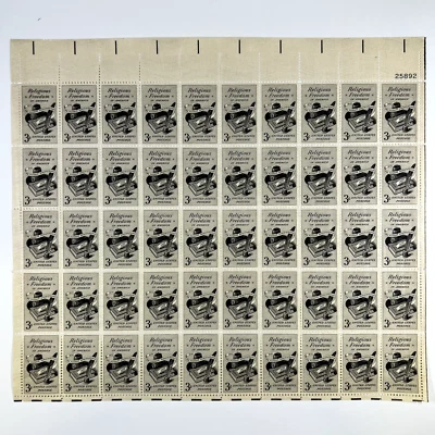 Scott 1099 - 1957 Religious Freedom Full Sheet of 50 US 3¢ Stamps MHN - Image 1 of 2