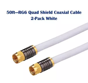 2-Pack -50ft White RG6 Quad Shield Coax Cable for TV Antenna Satellite Dish DVD - Picture 1 of 9