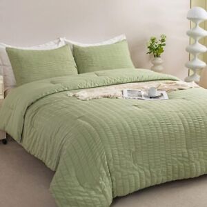 Anyfun Khaki Comforter Set Twin Size, Striped Seersucker Bedding Comforter Set, 