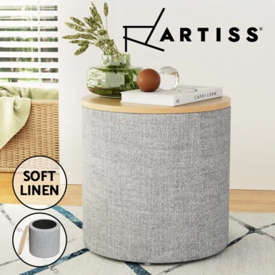 Artiss Storage Ottoman Blanket Box 40cm Foot Stool Coffee Table Linen Round Grey - image 1 of 4