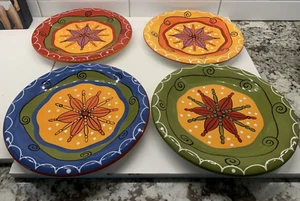 4 Pier 1 Star Flower 8” Salad Plates Colorful Hand Painted Ironstone Boho mint - Picture 1 of 9