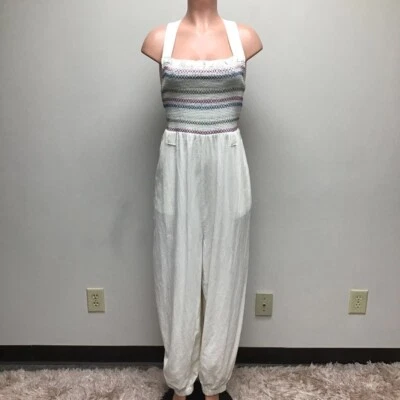 Free People Womens Sienna Jumpsuit Beige Blue Stripe Smocked Pockets Tie L New - Image 1 of 4