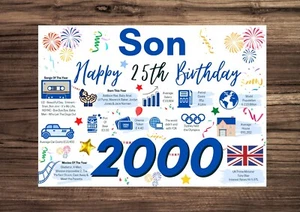 Tarjeta de 25 cumpleaños SON Happy 1998/Año de nacimiento hechos saludos azul Him 25 - Imagen 1 de 9