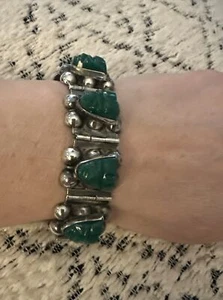 Sterling Silver Green Onyx Aztec Warrior Panel Link Bracelet  Mexico 1" tall - Picture 1 of 8