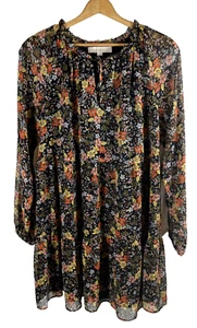 LOFT Women’s Medium Black Floral Boho Peasant Dress Sheer Sleeve Chiffon Lined - Picture 1 of 11