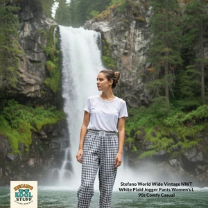 Stefano World Wide Vintage NWT White Plaid Jogger Pants Women's L 90s Comfy - Picture 1 of 15