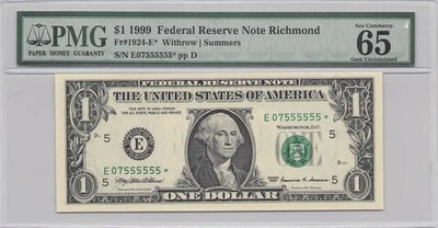 1999 $1 FRN PMG 66EPQ - Star Note Fancy Serial Number 07555555 - Image 1 of 2
