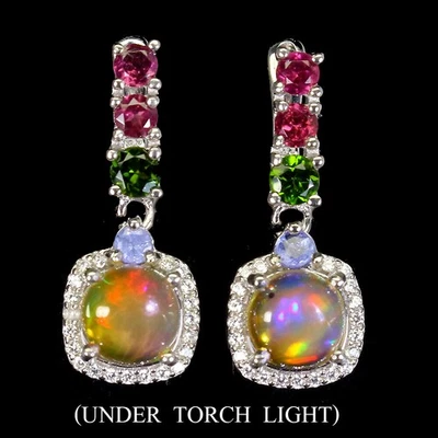 Orecchini in argento sterling 925 opale di fuoco tondo 7 mm pietre preziose... - Immagine 1 di 4