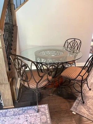 Iron Lexington Furn Ind 54” Glass top dining Table/4 chairs Excellent Cond N Car - Image 1 of 4