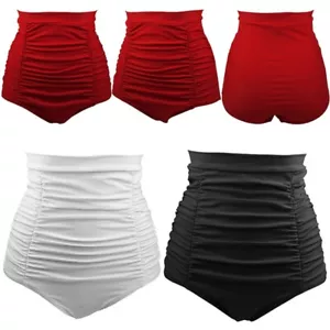 Women's Ruched Bikini Bottoms Full Coverage Tankini High Waist Briefs Swimwear - Picture 1 of 21