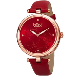 Women's Burgi BUR151RD Flower Engraved Diamond Dial Genuine Leather Strap Watch - Picture 1 of 4