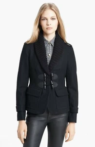 BURBERRY BRIT Toggle Front Black Wool Jacket Coat Knit Shawl Sz 4 US 38 EU  - Picture 1 of 11