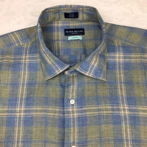 Peter Millar Shirt Mens XXL Green/Blue Plaid 100% Linen Flex Finish - Picture 1 of 8