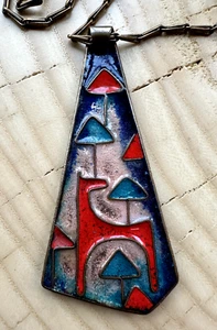 Vintage Scandanavian Mid Century Enamel on Copper Pendant Necklace Deer & Trees - Picture 1 of 9
