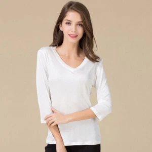  Damen-T-Shirt aus 100 % Maulbeere Seide gestrickt V-Ausschnitt Unterhemd 3/4 langarm - Bild 1 von 20