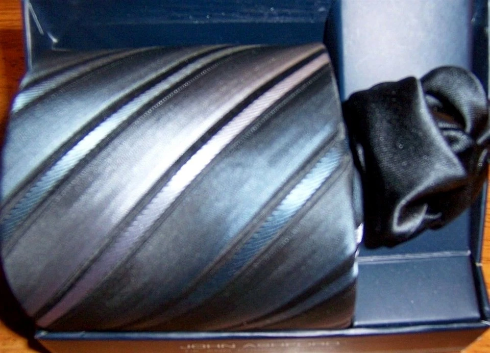  Corbata de Seda Bolsillo Rayas Gris Conjunto Corbata de Cuello John Ashford Nuevo Foto 1 de 1