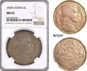 AH326, Latvia, 5 Lati 1929, Silver, NGC MS62 - Picture 1 of 1