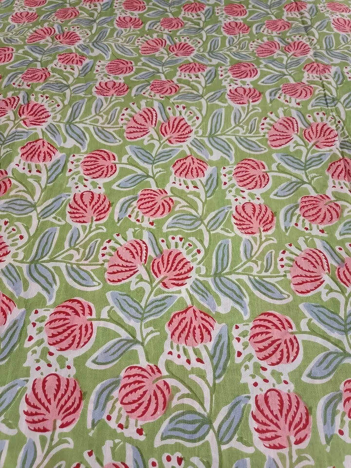 25 Yards Fabric Indian Green Floral Hand Printed Cotton Fabric Sewing Fabrics - Image 1 of 4