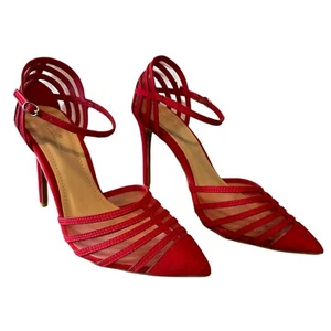 Anne Michelle Rise Up Vegan Suede Red Pointy Toe Mesh Ankle Strap Heels Size 9 - Picture 1 of 9