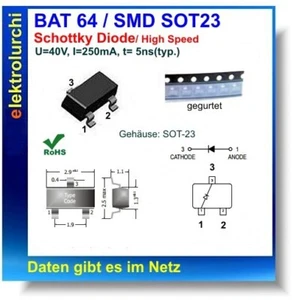 BAT64 – Schottky-Diode – 40 V / 250 mA – ultraschnell – SOT-23 – Infineon, 20St - Bild 1 von 1