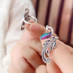 Crystal Peacock Ring 925 Sterling Silver Ring Adjustable Ring - Picture 1 of 5