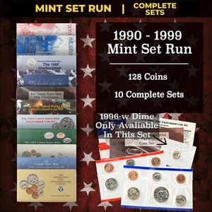1990-1999 Full Decade Mint Set Run - 120+ Coins, 10 Full Sets Including 96-W 10c - Picture 1 of 11
